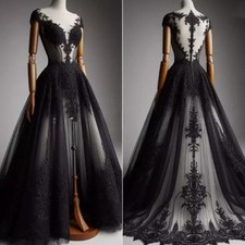 Customized Gothic Black Wedding Dresses V Neck Lace Applique A-Line Bridal Gown