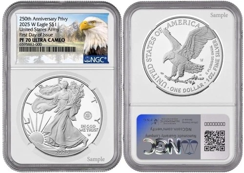 2025-W (PF70) Proof American Silver Eagle ~U.S. Army Privy~$1 NGC FDOI First Day