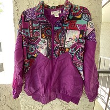 Vintage 80s SUNTERRA Petite Womens Shell Jacket Purple Nylon Crazy Pattern M