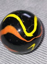 Vacor Mega Marbles Boulder 1 3/8" Twister Black Base Red Yellow Swirls Marble