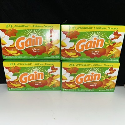 4 PACK (136 SHEETS TOTAL)-GAIN Dryer Sheets-ISLAND FRESH Scent-34 in each box