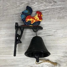 Vintage Cast Iron Painted Rooster Dinner Bell Wall Mount Aged Garden Art