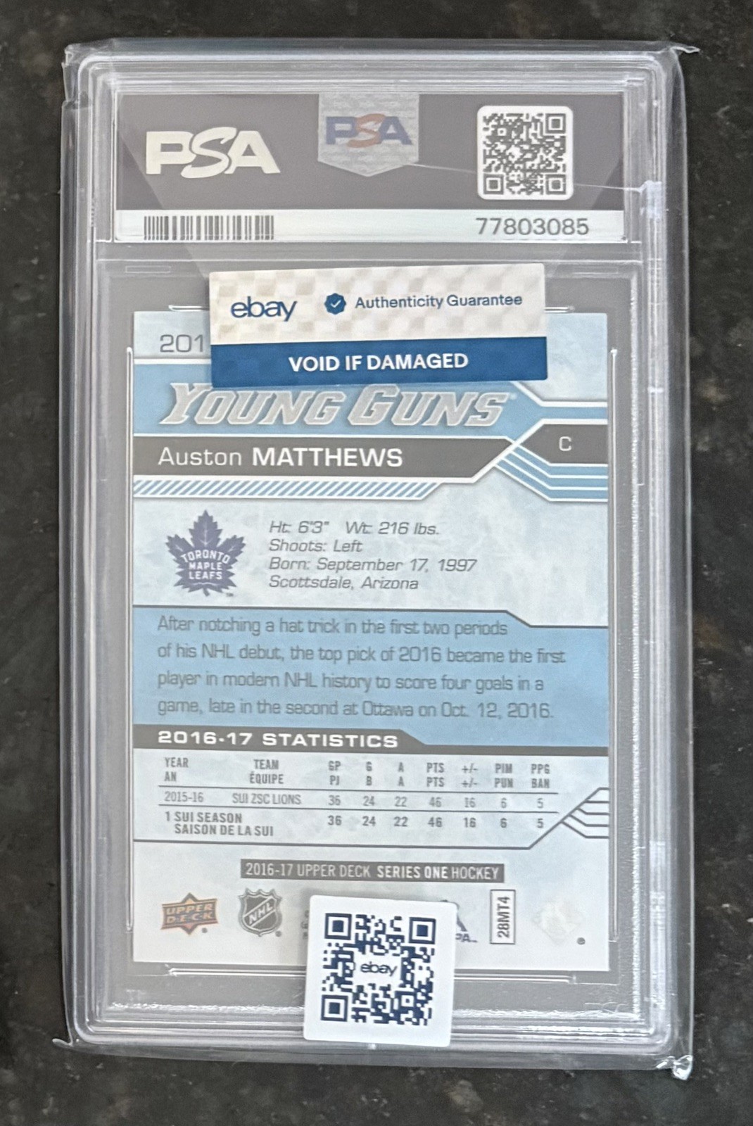 2016 Upper Deck Auston Matthews Young Guns ROOKIE PSA 9  view 2