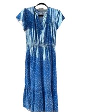 Gap Short Sleeve Tiered Skirt Split Neck Flutter Sleeve Blue Floral Dress Small