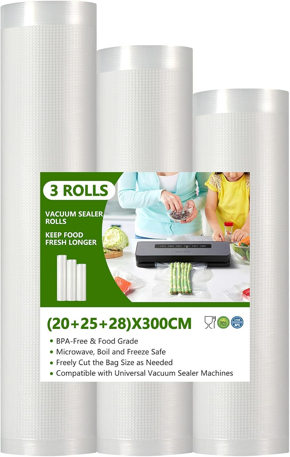 Sacchetti Sottovuoto per Alimenti, 3 Rotoli Buste Sottovuoto Alimenti 20/25/28X3