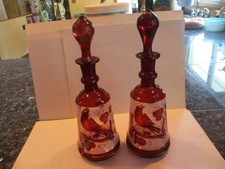 Vintage Pair of Burgendy Bohemian Decanters with Stoppers