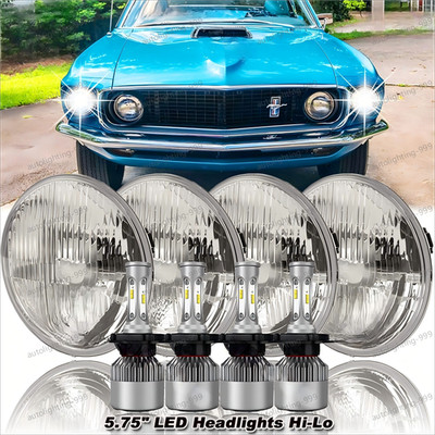 4Pcs 5.75'' 5-3/4'' LED Headlights Hi/Lo Start UP Halo DRL For Ford Mustang 1969