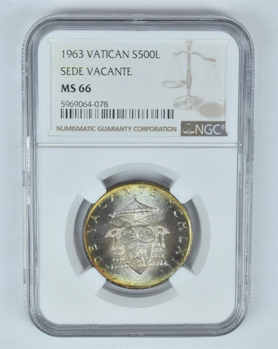 MS66 1963 Vatican 500 Lire Silver Sede Vacante NGC Toned! *8958