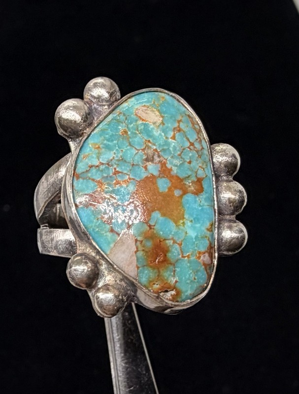 Thick VTN Old Pawn Native American Sterling Number 8 Turquoise Matrix Ring sz7