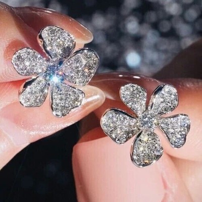 2Ct Lab Created Diamond Round Flower Stud Earrings 14K White Gold Plated Silver
