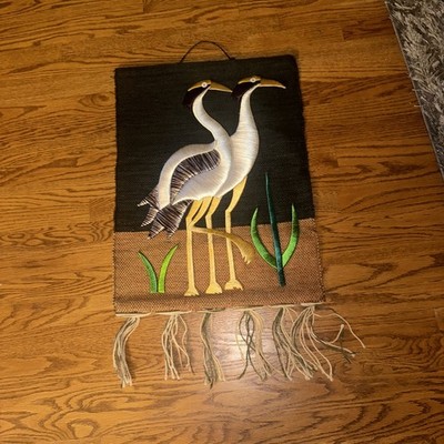 Vntg Retro 1960-70's Macrame Weaving Tapestry Flaming Birds Vibrant Wall Hang I1