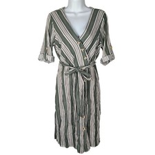 Luxology Green White Striped Button Front Midi Dress Roll Tab Sleeve nautical