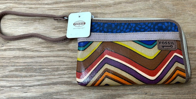 VTG Y2K Fossil Key-Per Multicolor Zig Zag Wristlet Wallet Coated Canvas 6.5'' NEW