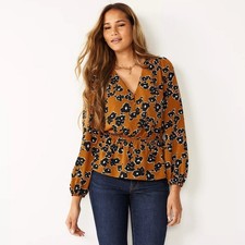 Nine West Women's Plus Size XXL Brown & Black Peplum Long Sleeve Blouse 2XL 