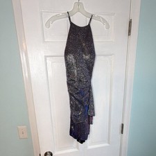 Blondie Nites by Stacy Sklar Glitter Halter Mini Dress Black Silver Blue Size 13