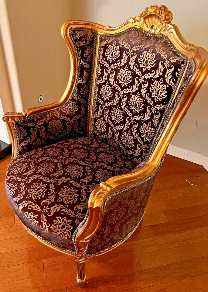 Silla Hollywood Glamour Estilo Luis XV Ala Dorada (A) Terciopelo Damasco Púrpura Años 60 Foto 4 de 4