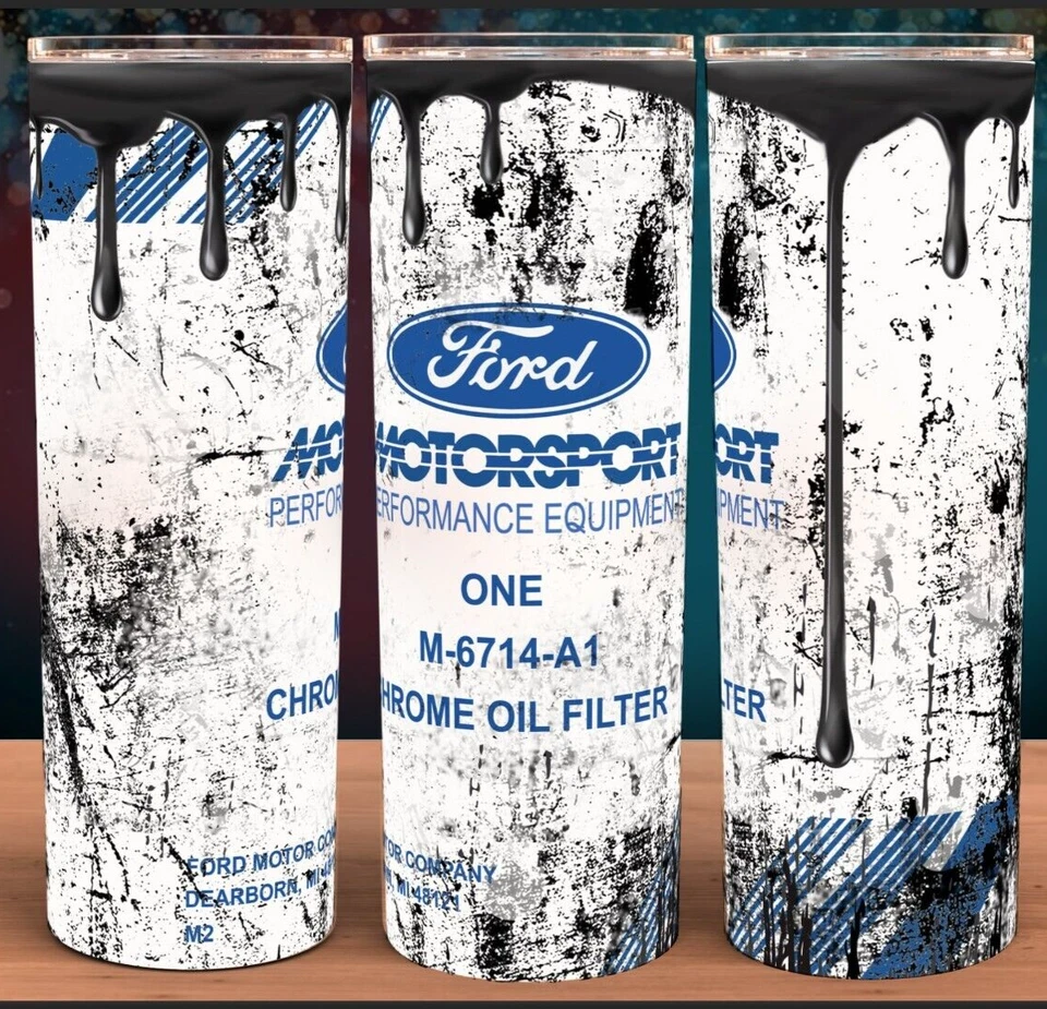 Ford Motorsport Performance Chrome Oil Filter Distressed Cup Mug Tumbler 20oz