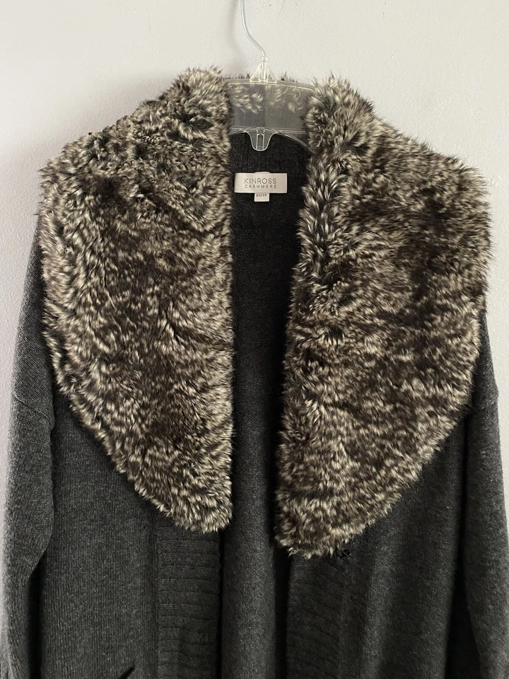 Cárdigan suéter KINROSS CASHMERE frente abierto mezcla lana cachemir piel sintética XS Foto 2 de 4