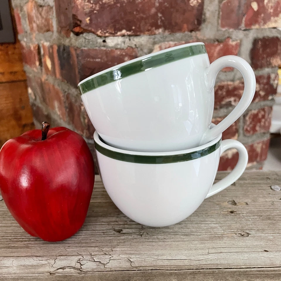 2 -William Sonoma Brasserie White Porcelain 3.5" D Coffee Cups Green Stripe - Image 3 of 3