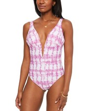 Bar III Women Summer Stripes Plunge One-Piece Purple Fuchsia Size M