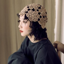Women Floral Crochet Hat Handmade Braided Beanie Cotton Retro Cutout Headwear