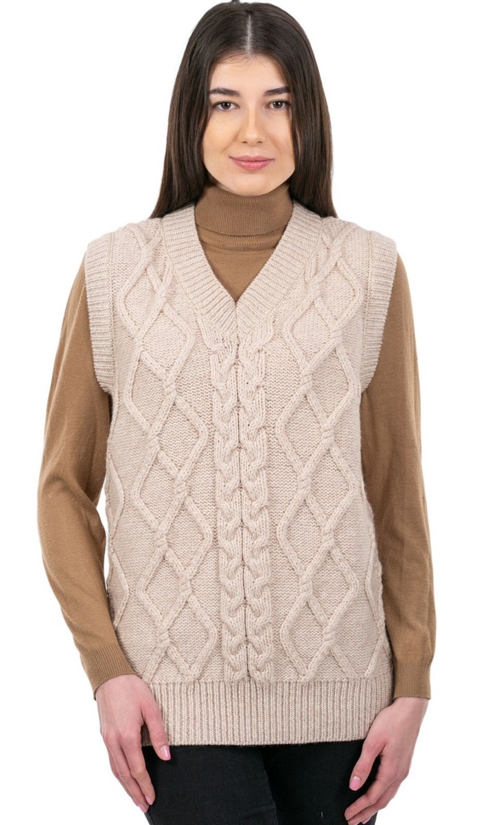 SAOL Aran Irish Women's Vest 100% Merino Wool Cable Knit