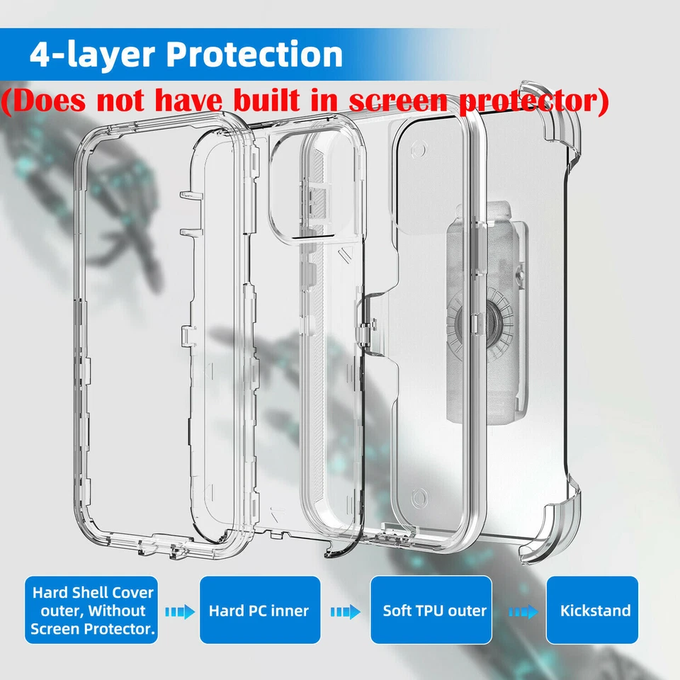 For iPhone 17 Air 16 16e 15 14 Plus 13 12 11 PRO MAX Shockproof Clear Case +Clip - Image 3 of 4