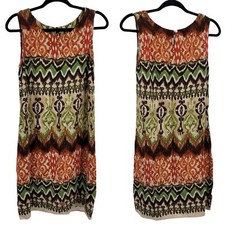 Vintage R&K Shift Dress 8 Warm Neutrals Tribal Sleeveless Tea Length Beaded
