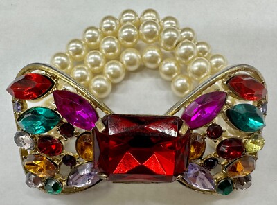 FAUX PEARL STATEMENT LARGE BOW MULTI COLOR LUCITE STRETCH BRACELET ANTIQUE STYLE