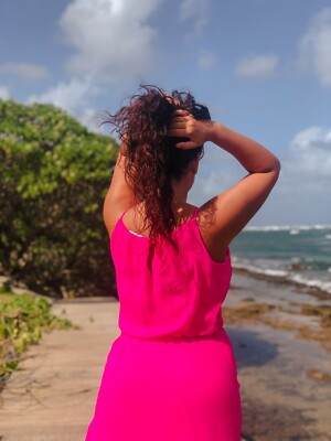 hot pink loose dress Hinvhai Women's Halter Neck Sleeveless Maxi Dress Backless Side Pockets Solid Color Casual Loose Fit Dress Hot Pink, Size: Small
