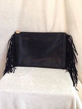 NEW DEUX LUX BLACK FAUX SOFT LEATHER "Fringe Clutch" Handbag, XL