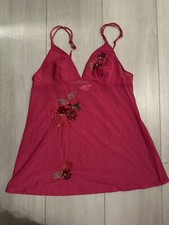 Vintage Victoria  s Secret Lingerie Slip Sheer Sz L Pink Embroidered Sequins