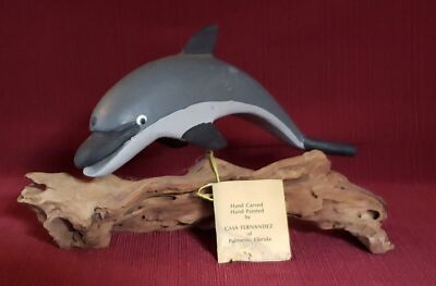 Vintage Hand Carved & Painted Dolphin Figurine On Driftwood By Casa Fernandez