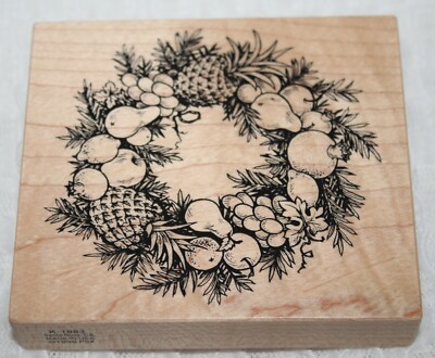 PSX FRUIT WREATH K-1883 Pineapple Grapes Lemon Pear Apple Rubber Stamp 1996 
