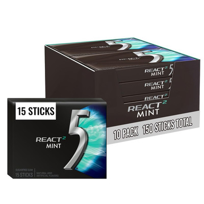 React 2 Mint Sugar Free Chewing Gum, Five Gum, 15 Stick ( 10 Pack)