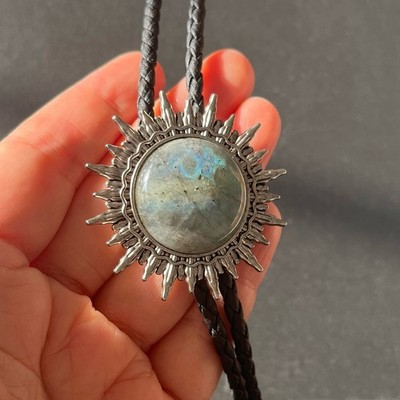 Vintage Labradorite Stone Silver Sun Pattern Bolo Tie Western Wedding Necklace