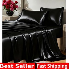 Satin Sheets Queen Size Bed Set - 4 Piece Silky Queen Sheet Set, Luxury Black...