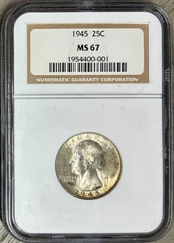 1945 Silver Washington Quarter, NGC MS-67, Very High Grade & Toned!