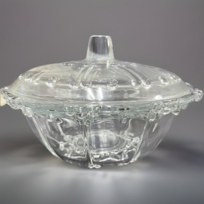 MCM Oyster & Pearl Clear Indonesian Beaded Glass 7'' Lidded Bowl Candy Dish