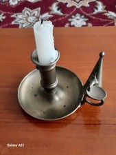 Vintage Brass Candlestick Holder With Brass Snuffer, finger handle and drip pan.