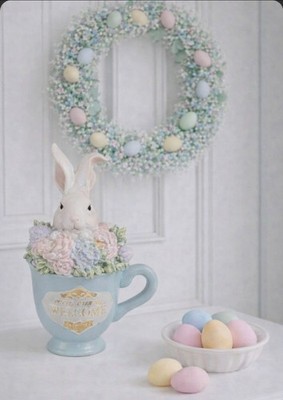Kaninchen Hase in der Tasse Blau mit Blüten 11x9x16cm Ostern Clayre & Eef