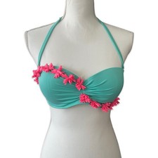 Victoria's Secret Swim Top Teal Pink Floral 3D Applique Bandeau Halter Women 34D