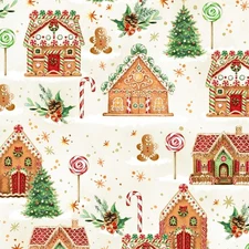 Christmas Fabric | Holiday Sweets Gingerbread House Cream | Hoffman YARD