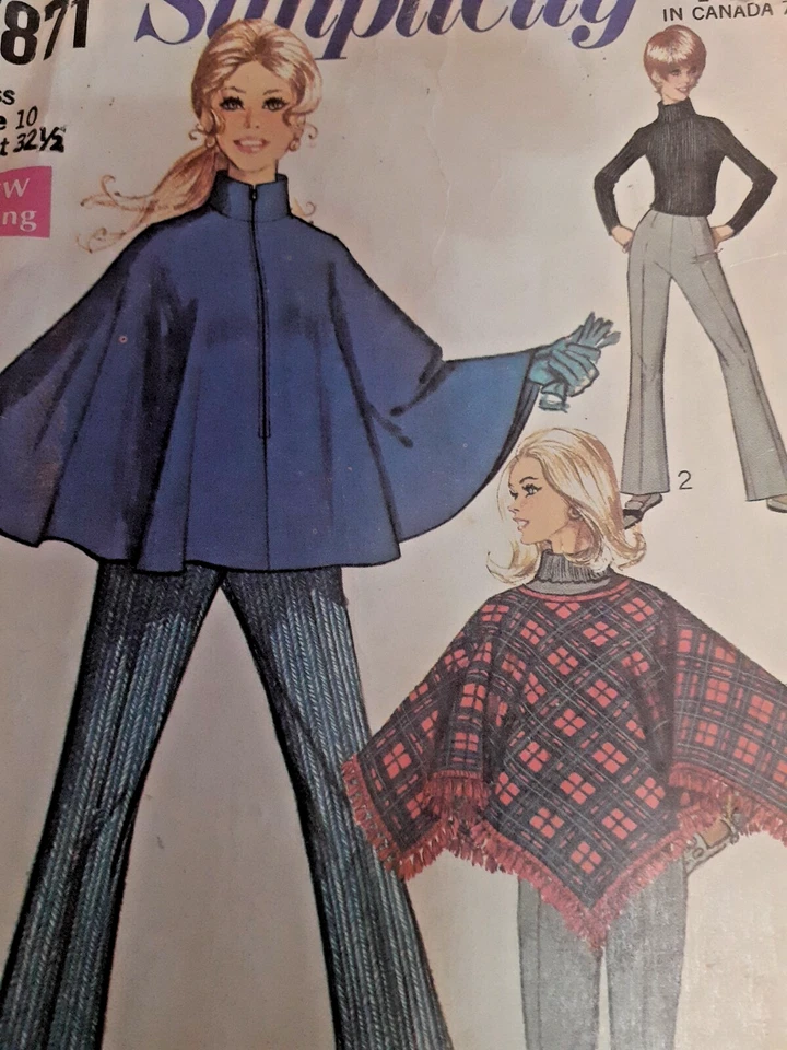 Simplicity 7871 Bell Bottom Pants Poncho Cape Sewing Pattern Ladies 10 VTG Cut - Image 2 of 4