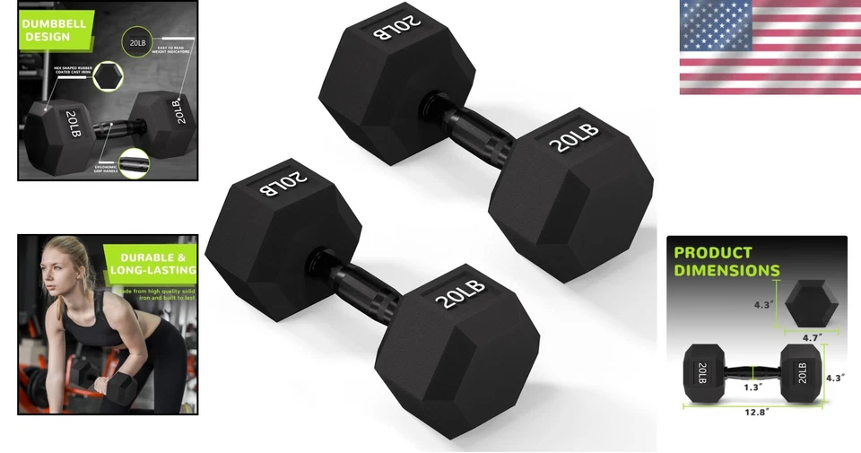 Mancuernas hexagonales sólidas con agarre ergonómico - pesas de 20 lb y 40 lb para fitness en el hogar Foto 2 de 4