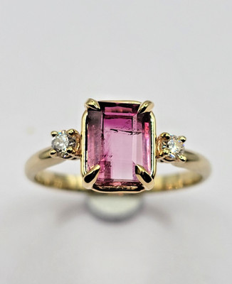 Natürlicher rosa Turmalin und Diamant Ring 14k massiv Gelbgold