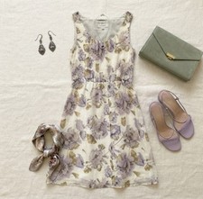 LK BENNETT London 100% Silk Dress UK 12 Ivory Purple Floral Midi Tea Fit & Flare