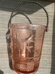 Antique Pink Depression Glass Ice Bucket W/ Etched Floral Design