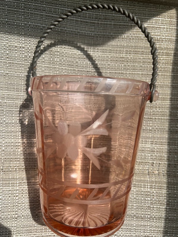 Antique Pink Depression Glass Ice Bucket W/ Etched Floral Design