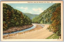 Vtg Linen Postcard Cold River Bend Mohawk Trail, MA 1930s
